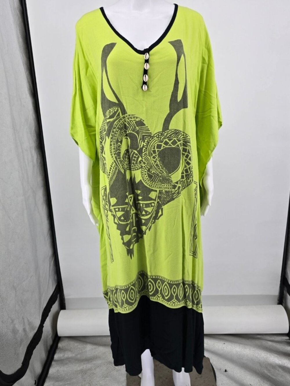 Vintage Y2K Shermarke Lime Green Rayon Tribal Kaftan Dress (One Size) *Flaws